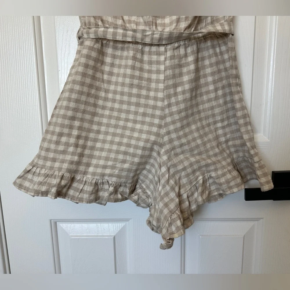 Topshop Gingham Bardot White/Tan Off-Shoulder Women’s Romper Size 4